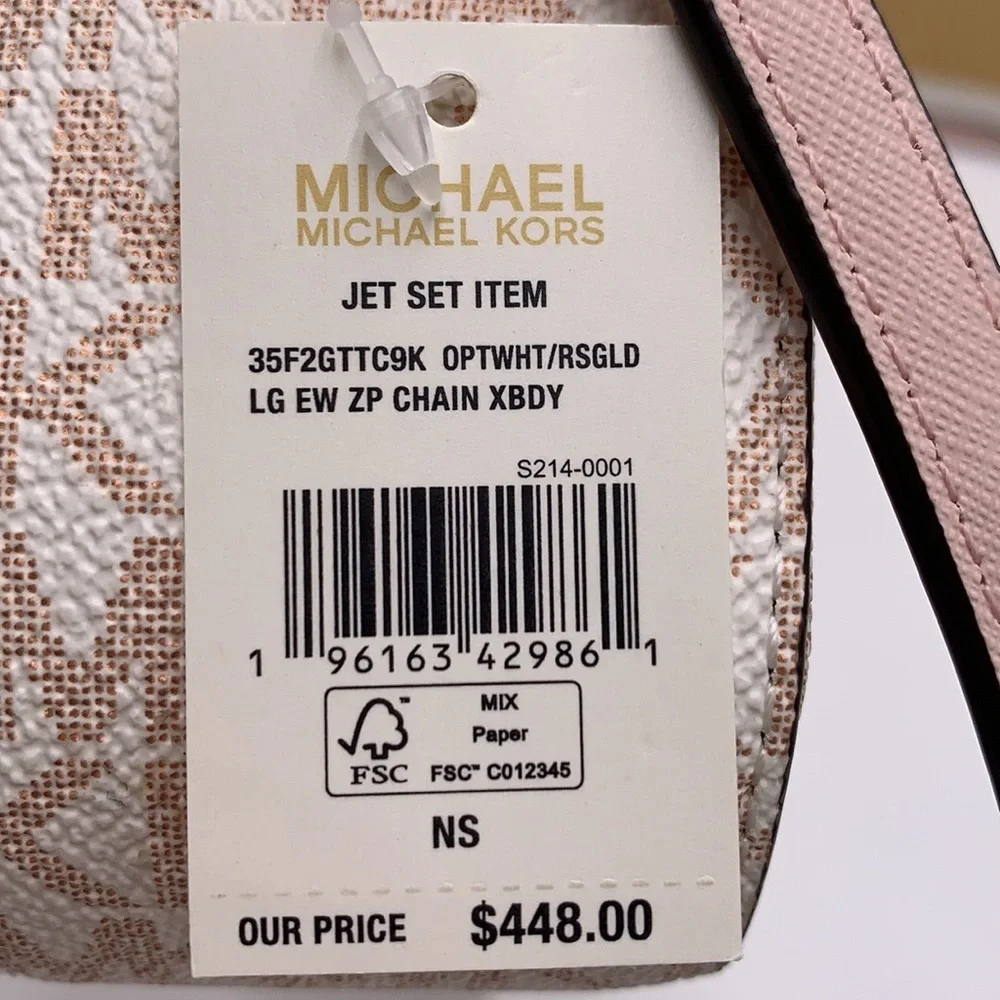 MICHAEL KORS LARGE EAST WEST ZIP CHAIN XBODY OPTIC WHITE ROSE GOLD COLOR